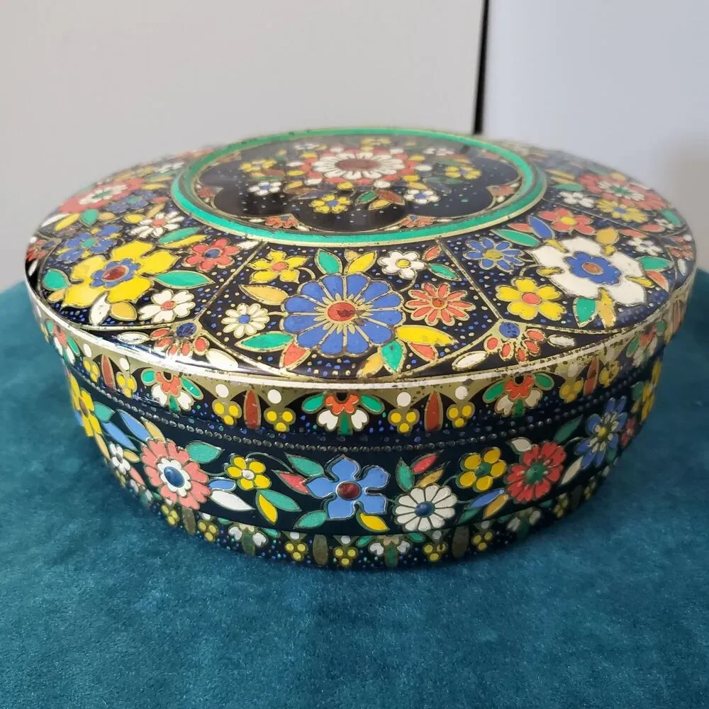 Vintage Floral Cloisonné Like Tin Metal Container With Lid Colorful 8